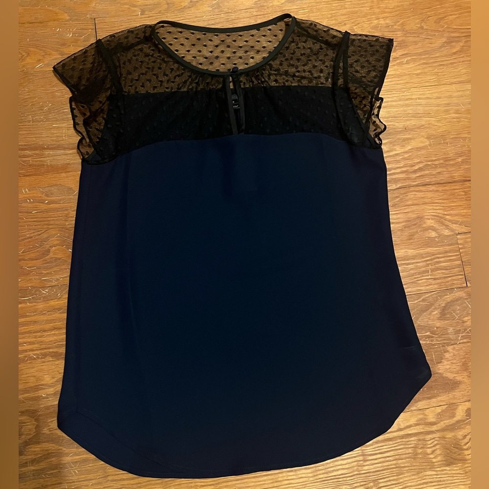 J. Crew Navy and Black Lace Flutter Sleeve Blouse